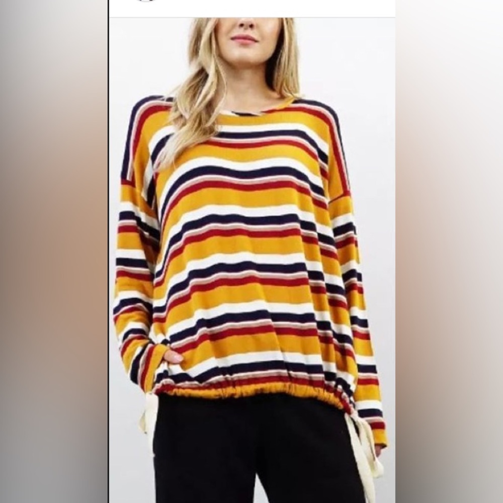 Funnel hem, long sleeve multi stripe knit top.